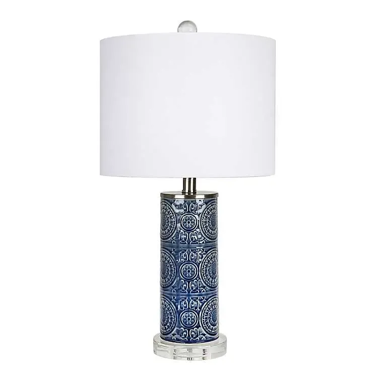 Blue Ceramic Embossed Spiro Table Lamp